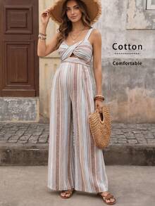 SHEIN Bộ áo liền quần in họa tiết kẻ sọc thời trang dành cho bà bầu mùa hè - Nhiều màu - Xem 1