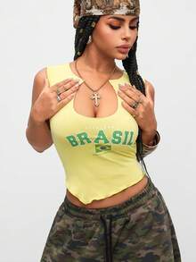 Gowayae Gowayae Top corto con bajo asimétrico para mujer, camisa corta sexy sin mangas con cuello en U - Amarillo - Ver 5