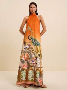 LOTSLUV Women's Orange Summer Boho Tropical Casual Elegant Dress, Ombre Print With Halter Neck Tie,Peacock,Floral Architecture Prints Vacation - Multicolor - View 3