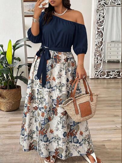 Weeklong Plus Size Asymmetric-Shoulder Floral Print Loose Summer Dress, Asymmetric Hem