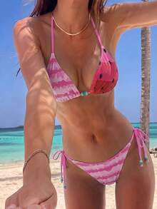 Swim Mod 女款粉紅與紅色泳裝套裝，適合海灘度假、假期、夏季熱帶圖案風格 - 紅色 - 查看 3