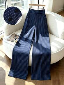 Elenzga Nuevos pantalones de estilo coreano de primavera/verano, de moda minimalista y elegante, de lino a rayas azul y blanco, de cintura alta, estilizadores, de pierna recta holgada y casual para mujeres - Azul Marino - Ver 4