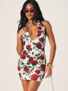 MISSGUIDED Floral Rose Print Halter Neck Bodycon Mini Dress With Deep V Plunge Neckline For Date Night Party Summer Occasions - Multicolor - View 1