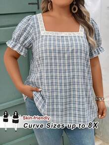 SHEIN CURVE+ 大码女式格子印花蕾丝拼接方领短袖衬衫 - 彩色 - 查看 8