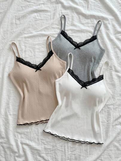 SHEIN Cotton 3pcs Rib Knit Solid Colours Contrast Lace Strappy Cami Casual Tops Homewear Comfort Sleep Tops Set For Summer