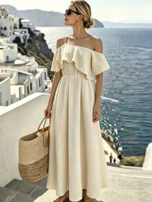 SHEIN Holidaya Vestido casual de primavera/verano para vacaciones de mujer, con un tirante, ribete de volantes, tela texturizada, vestido entallado en la cintura con silueta evasé - Albaricoque - Ver 6