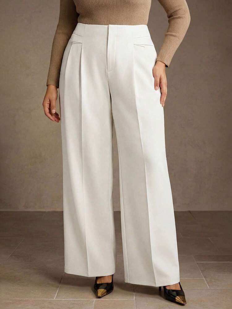 PLUS SIZE WOMEN SOLID COLOR FRONT PRESS CREASE DESIGN CASUAL PANTS