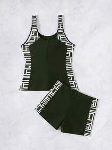 Swim Lushoire Bộ 2 món đồ bơi tankini mùa hè mới, màu kaki, họa tiết hình học ngẫu nhiên, không tay, ôm dáng, xếp ly, kín đáo, quần bơi ngắn, áo bơi thể thao nữ, dây mảnh. - Màu xanh lá cây đậm - Xem 6