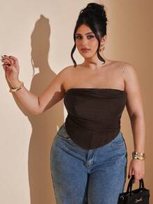SHEIN BAE Camiseta sin mangas de uso diario versátil y casual con pliegues en unicolor para mujer de talla grande - Marrón - Ver 2