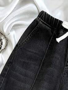 SHEIN Quần jeans ống rộng dáng suông thoải mái dành cho bé gái tuổi teen, có dây buộc eo. - màu đen - Xem 5