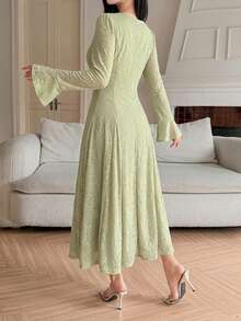 DAZY Vestido midi elegante de mujer con textura de pétalos florales y mangas, vestidos de verano para mujer - Verde Pastel - Ver 2
