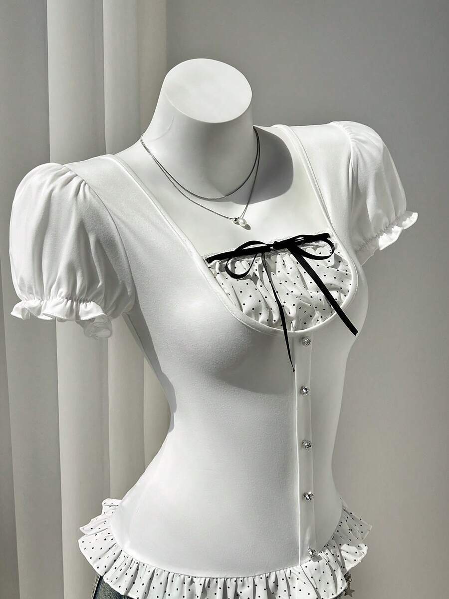 Elamini Black Regular Shoulder Short Sleeve Vintage Style T-Shirt, Spring/Summer - White - View 1