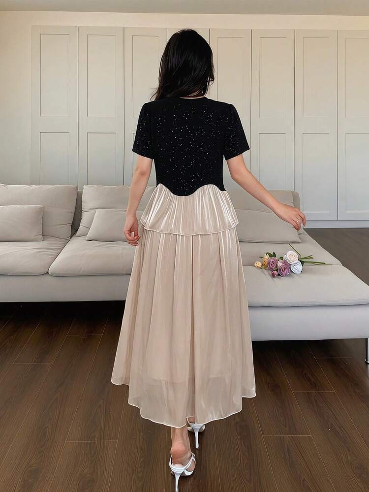 Women's Elegant Color Block Short Sleeve Top And Long Skirt 2 Pieces Set, Spring/Summer