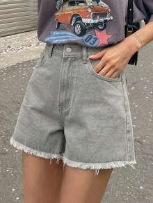 DAZY Quần short denim màu xanh lá cây kiểu dáng nghỉ mát, họa tiết ngôi sao đính đá lấp lánh, viền tua rua dành cho nữ, thích hợp cho mùa hè. - màu xanh lá - Xem 7