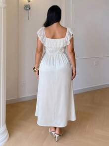 Auralis Summer Elegant White Silky Satin Dress For Wedding Guest,Plus Size Square Collar Ruffle Lace Patchwork Mermaid Maxi Party Gown - Apricot - View 5