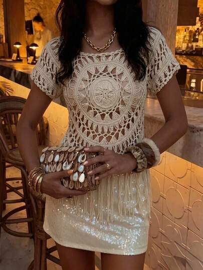  Selianne Delicate Handmade Crochet Cover Up White Short Sleeve Knitwear  Loose Hollow Out Fringe Top Women Pullover Sweater, Spring/Summer For Beach,Vacation,Dating,Music Featival
