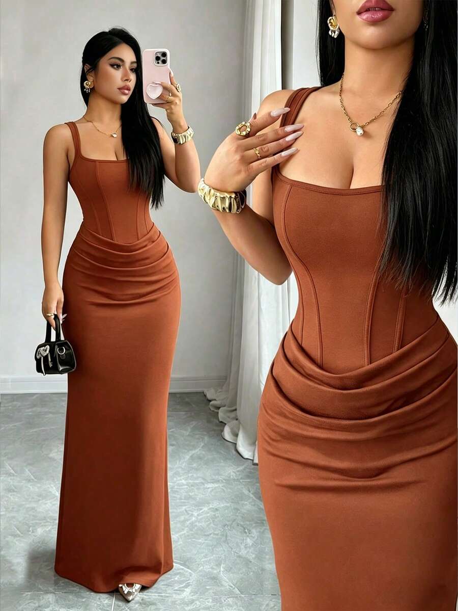 Selianne Đầm hè gợi cảm mới, đầm đen, cổ vuông kiểu Pháp, viền corset giả, dáng đuôi cá, thiết kế xếp ly eo, đầm đuôi cá, đầm dự tiệc cưới, thích hợp cho kỳ nghỉ, hẹn hò, tiệc tùng, ngày Valentine, đám cưới. - Màu nâu  Mocha - Xem 1