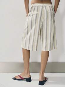 Nöista Striped Culotte Shorts With A Medium-Waist Fit And Wide Leg Pkets.Perfect For Office Vacation-To-Holiday Styling, Vacations, Bermuda Pants, Pool Party - Yellow - View 5