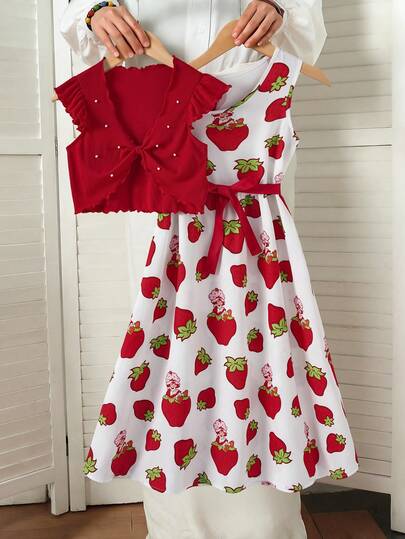 Strawberry Shortcake X SHEIN Tween Girl Beaded Decor T-Shirt & Strawberry Print Dress 2-Piece Set