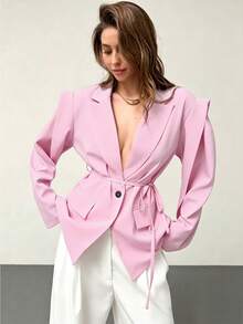 SHEIN Raffinéa 女士时尚优雅纽扣系带长袖西装外套，适合办公室和商务场合 - 粉色 - 查看 1