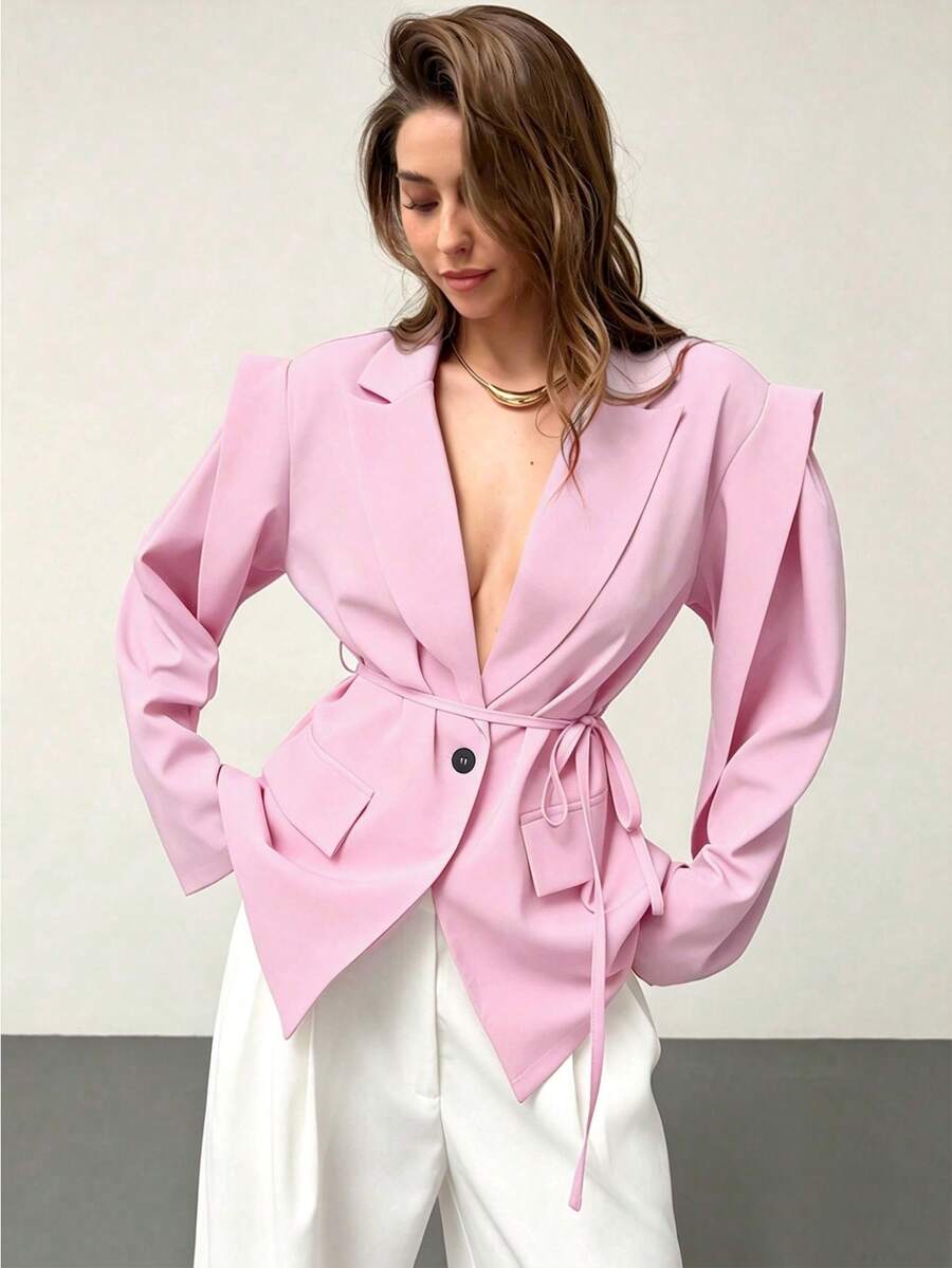 SHEIN Raffinéa 女士时尚优雅纽扣系带长袖西装外套,适合办公室和商务场合 - 粉色 - 查看 1