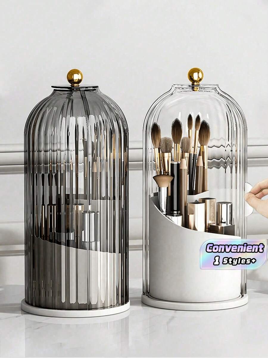 1 pièce - Boîte de rangement pour pinceaux de maquillage créative à 360°, avec couvercle noir transparent, support rotatif de bureau pour pinceaux, cylindre de rangement décoratif pour pinceaux de maquillage, porte-stylo rotatif pour coiffeuse, porte-rouge à lèvres, boîte de rangement cosmétique de bureau compartimentée anti-poussière - Multicolore - Voir 1