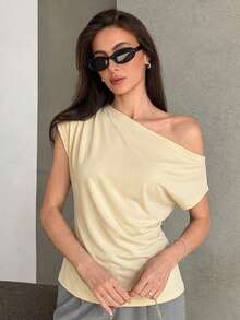 Livesso Striped Off-Shoulder Ruched Bodycon Short Sleeve T-Shirt For Women Summer - Yellow - View 4