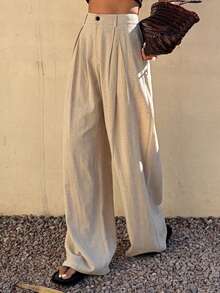DAZY Pantalones casuales de verano para vacaciones, de pierna ancha y suelta, con pliegues, de unicolor para mujer - Albaricoque - Ver 4