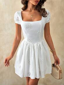 SHEIN Cottnline Women's White Eyelet Embroidery Mini Dress Short Puff Sleeve Fit And Flare Dress, Elegant Cottagecore Summer Party Vacation Outfit - White - View 4
