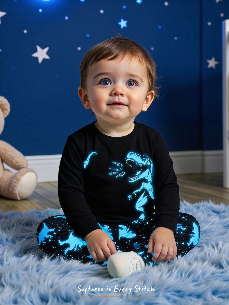 Cozy Pixies Conjunto de pijama de 2 piezas para bebé niño con parte superior de manga larga de cuello redondo y estampado de animales de dibujos animados que brilla en la oscuridad, y pantalones largos de cintura elástica ajustados - Multicolor - Ver 1