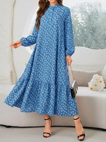 Al Najma Women's Mini Ditsy Floral Arabic Style Dress - Blue - View 6