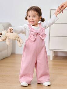 SHEIN Bộ áo liền quần dáng rộng bằng vải denim màu xanh dương điểm nhấn nơ 3D cho bé gái. - Hồng - Xem 8