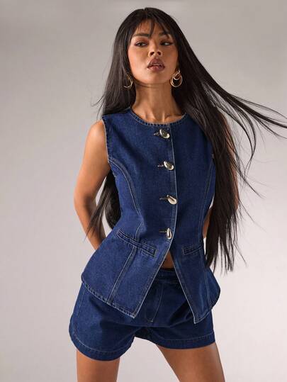 SHEIN BAE Áo sơ mi denim nữ một hàng cúc, kiểu dáng thường ngày, đa năng, thích hợp mặc hàng ngày.