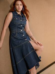 MOTF PREMIUM GAUN DENIM TANPA LENGAN DENGAN HEM ASIMETRIS UNTUK WANITA UKURAN BESAR, UNTUK KEHIDUPAN SEHARI-HARI/KENCAN, MUSIM SEMI/PANAS - Biru - View 5