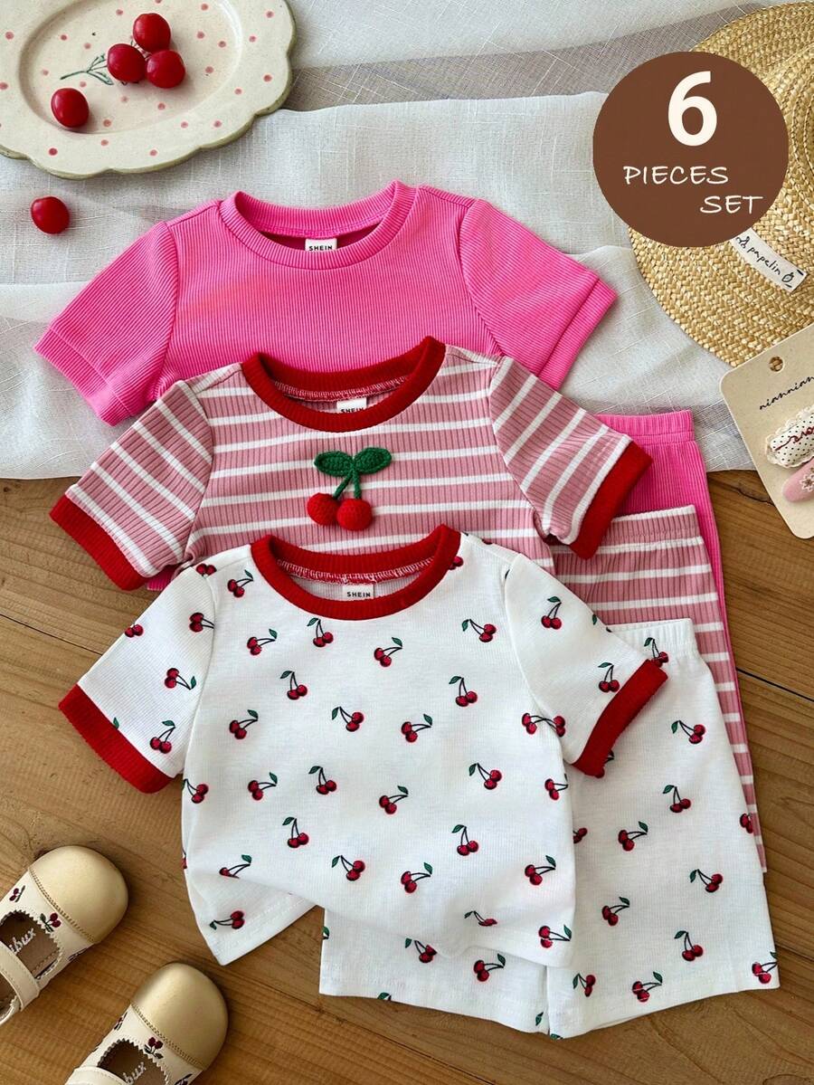 LMoss Kids Bộ 6 áo thun dệt kim cổ tròn phối màu cho bé gái, kiểu dáng thường ngày, in hình quả anh đào dễ thương. - Nhiều màu - Xem 1