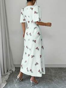 Modelyn A-Line Waist Cinching Floral Print Short Sleeve Dress, Spring/Summer Floral Dress Summer Dresses For Women Summer Outfits - Blue - View 2
