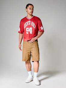 SUMWON Puerto Rico 94 Graphic Cropped Mesh Jersey V-Neck Short Sleeve Boxy Fit T-Shirt With Star Sleeve Print - Red - View 3