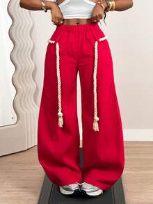 BamGleam Women's Red Elastic Waist Wide-Leg Casual Loose Pants, Ideal For Autumn Vacation Wear City Break - Red - View 4