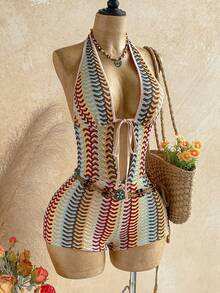 Soleia Mono sexy con cuello en V profundo, frente con lazo y rayas para vacaciones de mujer - Multicolor - Ver 3