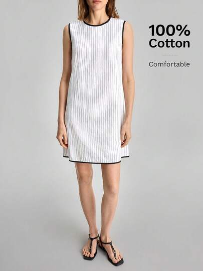 Ontre Nuevo Vestido Mini 2026SS de Mujer con Tela Tejida Suelta, Bloques de Color Negro y Blanco a Rayas, Cremallera Invisible, Silueta en A, Botón de Concha, Diseño Elegante y Urbano Chic, Adecuado para Vacaciones, Fiesta, Invitado de Boda, Oficina, Escuela, Cita Romántica