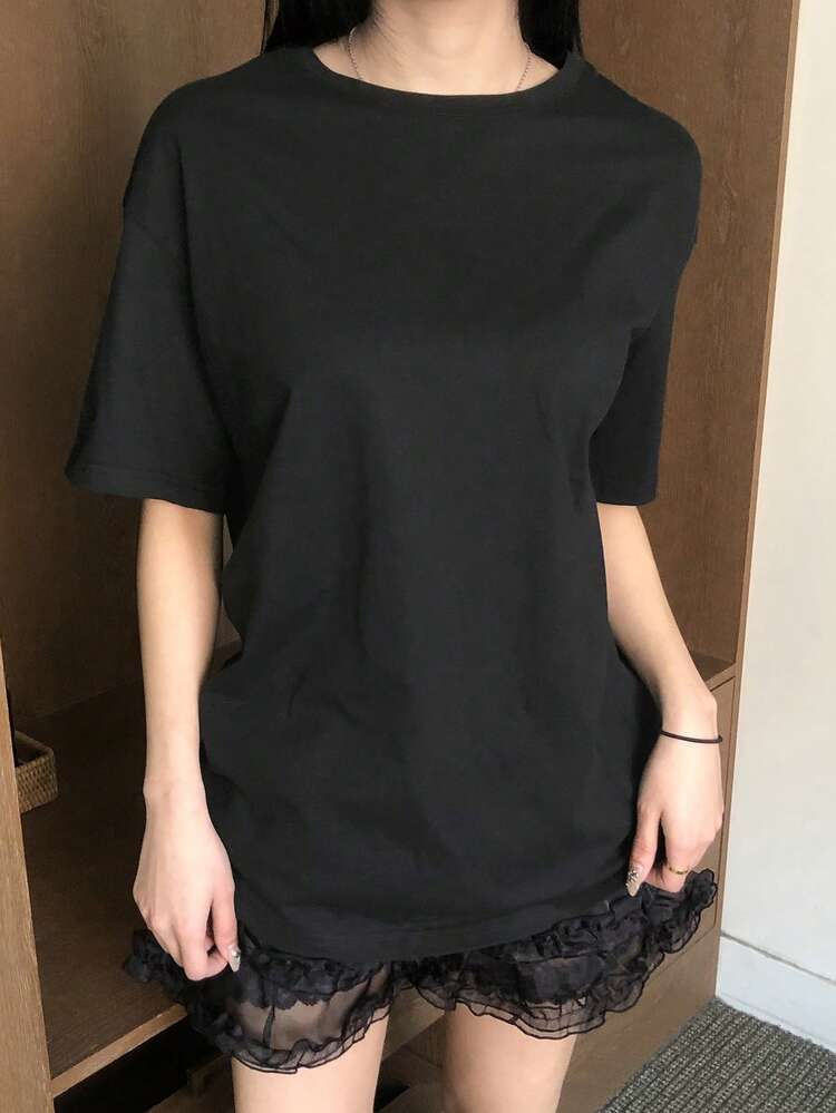 Women's Casual Fashionable Street Wear Cartoon Character & Letter Print Loose Fit Black T-Shirt, Suitable For Daily Commute In Summer
