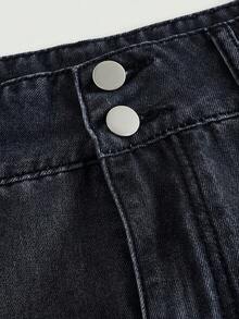Sweetra 女士休闲水洗牛仔A字裙，荷叶边下摆 - 黑色 - 查看 3