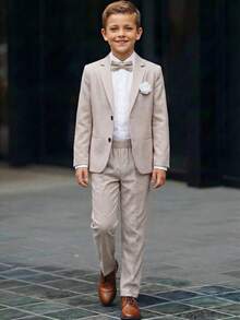 SHEIN 2 piezas Conjunto informal de verano estilo preppy para niño preadolescente, chaqueta blazer de unicolor y pantalón formal de cintura elástica, adecuado para fiesta de cumpleaños, evento de noche, actuación, boda - Albaricoque - Ver 2