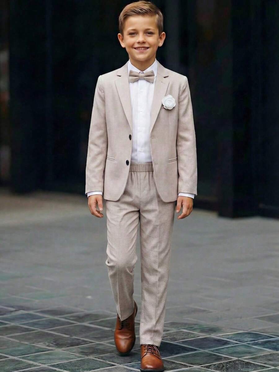 SHEIN 2 piezas Conjunto informal de verano estilo preppy para niño preadolescente, chaqueta blazer de unicolor y pantalón formal de cintura elástica, adecuado para fiesta de cumpleaños, evento de noche, actuación, boda