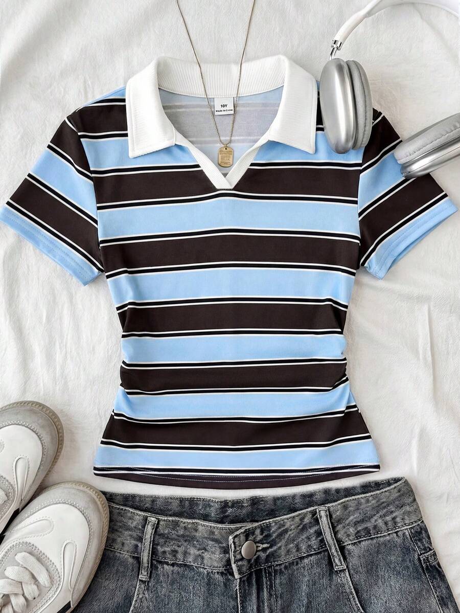 SHEIN Parte superior corta ajustada de punto de color contrastante con pequeño logotipo bordado, cuello azul marino y blanco, adecuada para uso diario, estilo callejero, salidas, hogar, vacaciones, picnic, granja, homecoming, primavera y verano para niña preadolescente - Multicolor - View 1