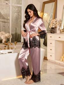 LuxeNights 两件套女士丝滑缎面优雅长袖睡衣套装，带蕾丝边，适合所有季节 - 粉色 - 查看 4