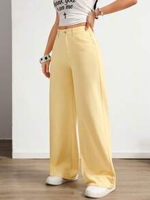 SHEIN ICON Women's Casual Commuting Minimalist Solid Color Loose Wide-Leg Jeans Everyday Yellow Summer - Yellow - View 4