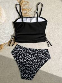 SHEIN Bộ đồ bơi tankini in hoa cho bé gái tuổi teen - Co giãn tốt, không xuyên thấu, có thể giặt máy, đồ bơi thời trang, thích hợp cho bơi lội, kỳ nghỉ, trang phục đi biển mùa hè, bộ đồ bơi trẻ em, kỳ nghỉ hè. - màu đen - Xem 2