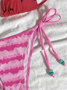 Swim Mod 女款粉紅與紅色泳裝套裝，適合海灘度假、假期、夏季熱帶圖案風格 - 紅色 - 查看 8