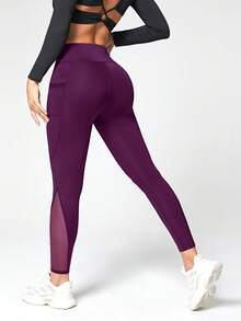 Easithlete Easithlete 网眼口袋拼接运动紧身裤，适合瑜伽 - Bold Plum - 查看 2